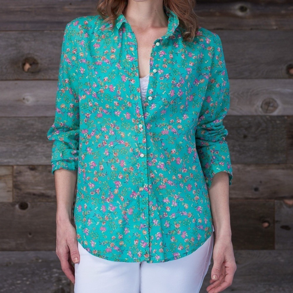 Anthropologie Holding Horses Shirt Size 14 Green Floral Cotton Button Down
